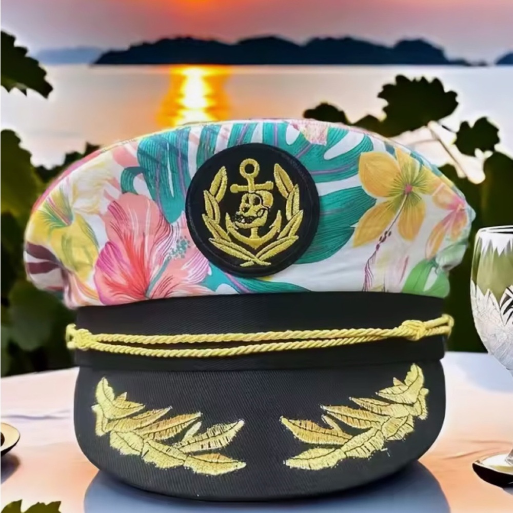 Key West Tropical Gold Embroidered Floral Captain's Hat